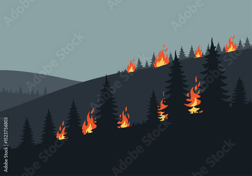 Dramatic hillside fire scene with multiple flames consuming pine trees Stylized illustration in muted tones Evokes sense of wildness and danger Suitable for nature environmental or warning themes