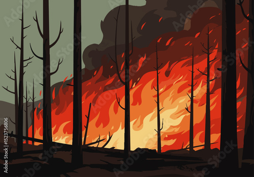 A dramatic illustration depicts a raging, charred forest fire consuming trees. Intense orange and red flames dominate the background, creating a powerful and visually striking scene.