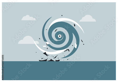 Dramatic ocean storm illustration. A swirling vortex dominates the composition, with crashing waves and debris below. Bold graphic style, perfect for design projects.