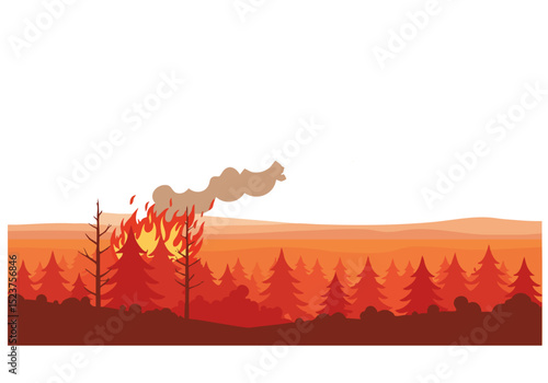 A dramatic scene of a forest fire with billowing smoke against a hazy horizon. Intense flames consume trees, creating a powerful and visually striking image.