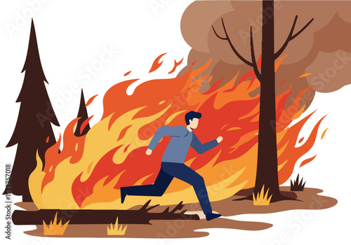 A man frantically escapes a raging forest fire. Dramatic flames and smoke fill the background, highlighting his desperate flight. Intense action and visual impact.