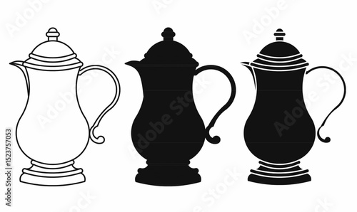 Vintage teapot or covered jug silhouette set outline, solid black, and detailed version. Elegant tea kettle vector for antique, kitchenware, or café design element.