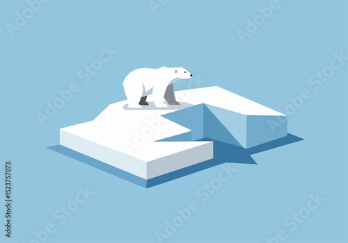 A polar bear stands on a shrinking ice floe, illustrating climate change. Clean, modern illustration with a blue background. Evokes a sense of urgency and environmental concern.