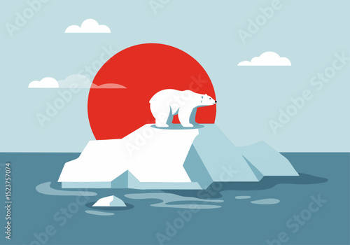 A polar bear stands on a melting iceberg under a blazing sun. A striking, minimalist illustration with a warm color palette. Perfect for summer, heat, or environmental themes.