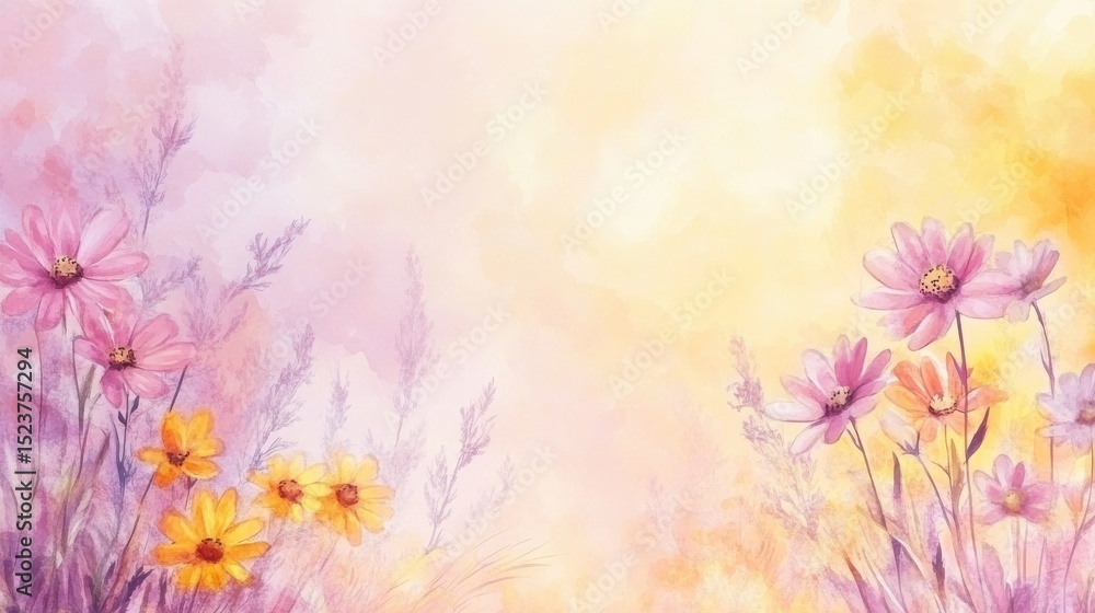 Fototapeta premium Delicate floral displays are showcased in vibrant hues through the explosion of watercolor blooms in an impressionistic style