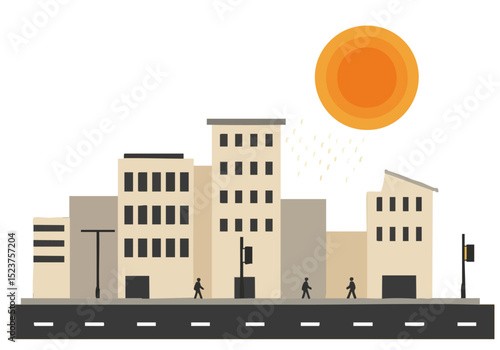 A stylized illustration depicts an urban heat island effect with buildings and a sun. A clear, modern design highlights the concept of rising temperatures in cities.