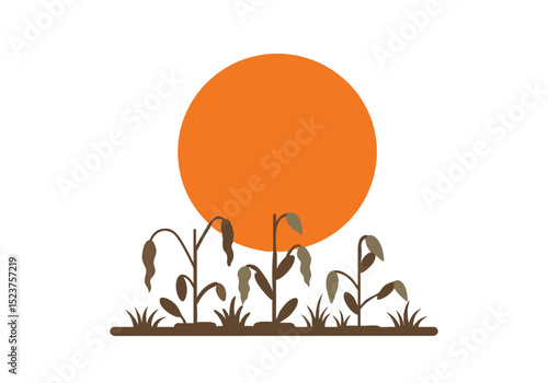 A stylized illustration depicts wilting plants beneath a blazing sun, conveying a sense of intense heat and drought. Simple, graphic design with warm tones.