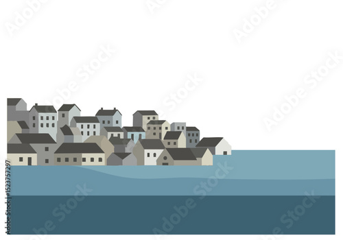 Stylized townscape illustration featuring houses along coastline A modern minimalist design with a muted color palette evokes a tranquil seaside scene Suitable for backgrounds and design projects