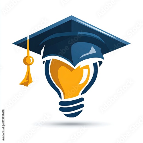 A modern education logo with a graduation cap and lightbulb deep blue and yellow knowledge and innovation isolated on white background