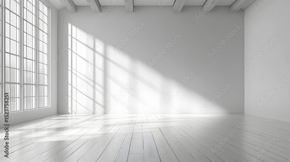 Obraz premium Minimalist interior design empty room photo bright white space wide angle aesthetic serenity