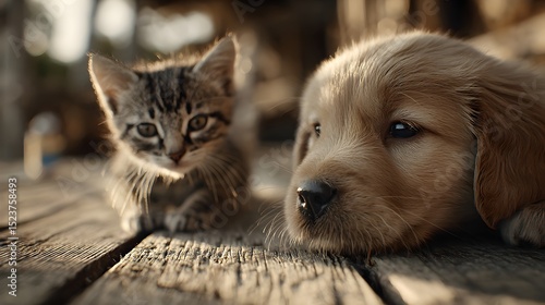 A very small tabby kitten and golden puppy rest together quietly on an old weathered wooden deck outside today.