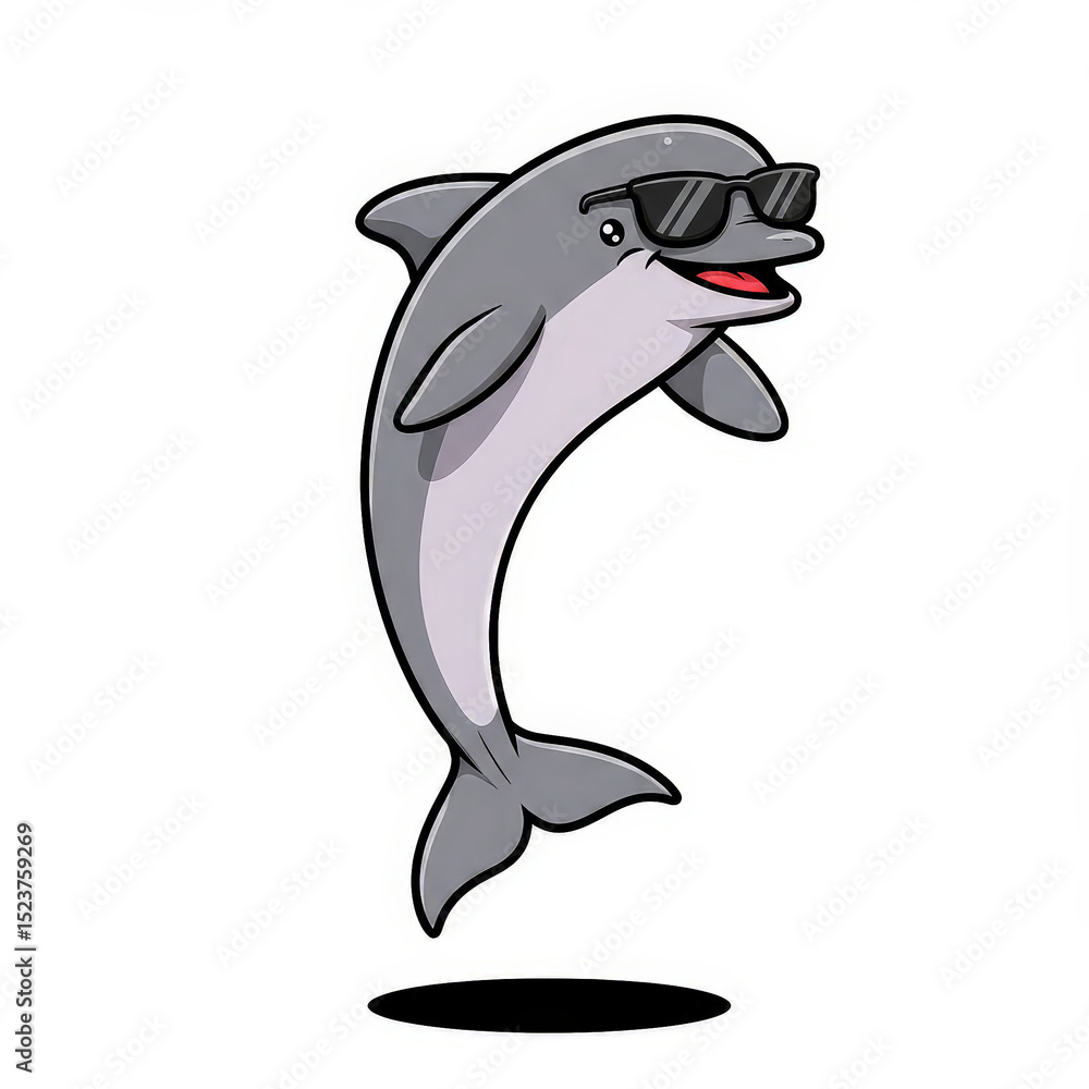 Naklejka premium Cartoon dolphin wearing sunglasses jumping