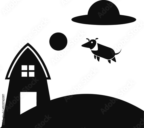 silhouette of a ufo hovering above a barn cow