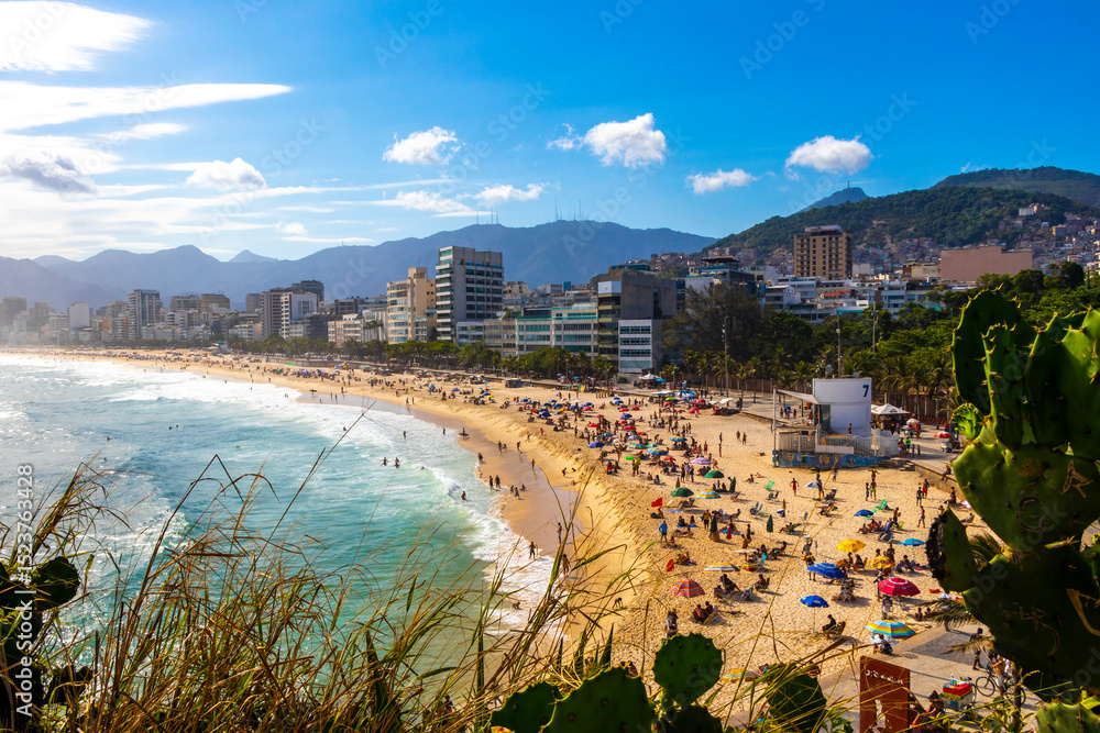 Fototapeta premium Ipanema Beach Tropical Panorama many People Rio de Janeiro Brazil.