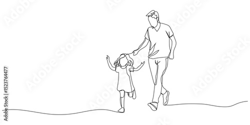 One continuous line drawing of father and daughter, editable line, Father's Day. Father and daughter enjoying a joyful walk together on a sunny day in a peaceful park setting