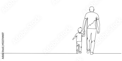 One continuous line drawing of father and son, editable line, Father's Day. Father and child walking together in a minimalist, artistic style emphasizing connection and love
