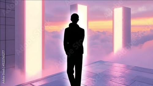 Ethereal Pink Sunset: Above the Clouds, Neon Pillars Glow