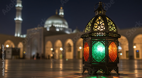 Illuminated Lantern at Night Mosque in the Background