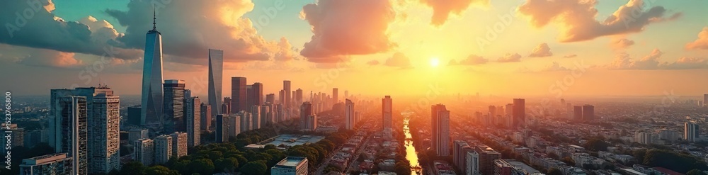 Fototapeta premium Sun-drenched cityscape, towering buildings reaching for a vibrant summer sky Heat shimmers above the concrete jungle, a scene of urban summer energy , blue, urban scene
