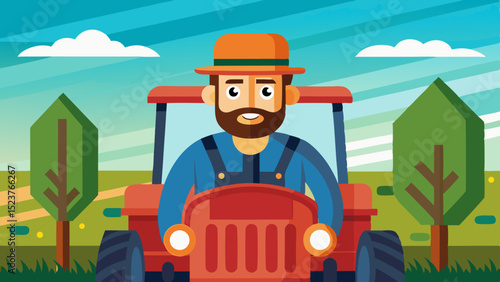 Cartoon farmer with beard driving red tractor on a sunny day in a stylized rural landscape