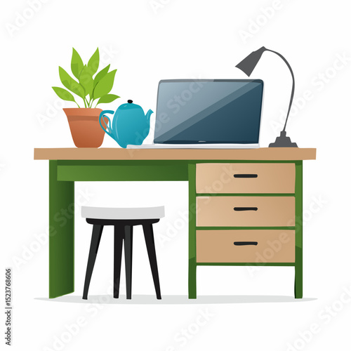 Abstract Workspace Illustration with Divider Between Laptop and Teapot Representing Work-Life Separation