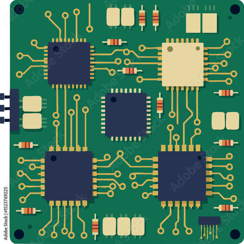 Electronic circuit board with chips and resistors in flat vector style for technology projects 