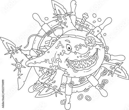 Perfidiously smiling great white shark pirate with fins sabers on a background of a wooden steering wheel from a sunken old sail ship, black and white vector cartoon illustration for a coloring book