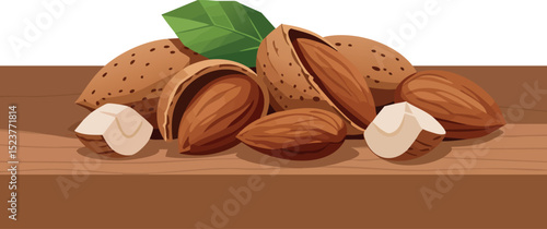 Almond nuts with green leaves on wooden surface healthy snack vector illustration 