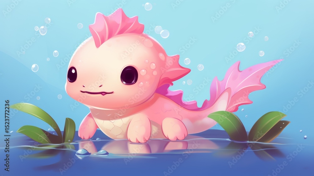 Obraz premium A cute, cartoon baby axolotl. This funny, pink Mexican salamander is an adorable pet. It swims, waves, and plays with bubbles underwater. This kawaii animal is a vector image. 