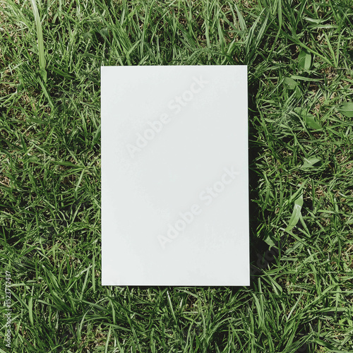 Blank white 5x7 vertical card flatlay on the grass, mockup photography style
