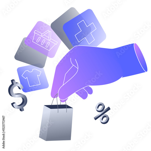 Online shopping with shopping bag and discount sign