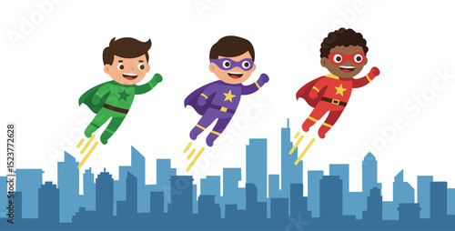 Children Flying in Superhero Costumes Over City Skyline Colorful Vector Illustration 