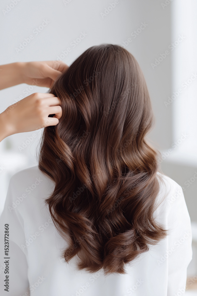 Obraz premium Elegant hair styling in a bright salon setting during the daytime with a focus on healthy, wavy hair texture