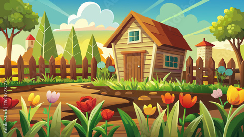 Close-up of a rustic cottage with wooden fence and garden beds. Tulips, daffodils, and sprouting vegetables thrive under sunlight, bringing life, growth, color, peace, and beauty.

