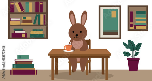 Cute brown rabbit drinking tea in cozy reading room with books and plants vector illustration 