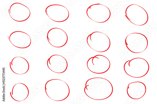 Red circle, pen draw. Highlight hand drawing different circles isolated on background. Bright red scribble ovals and bubbles to circle and highlight text. EPS 10 