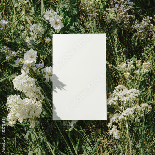 Blank white 5x7 vertical card flatlay on the grass, mockup photography style
