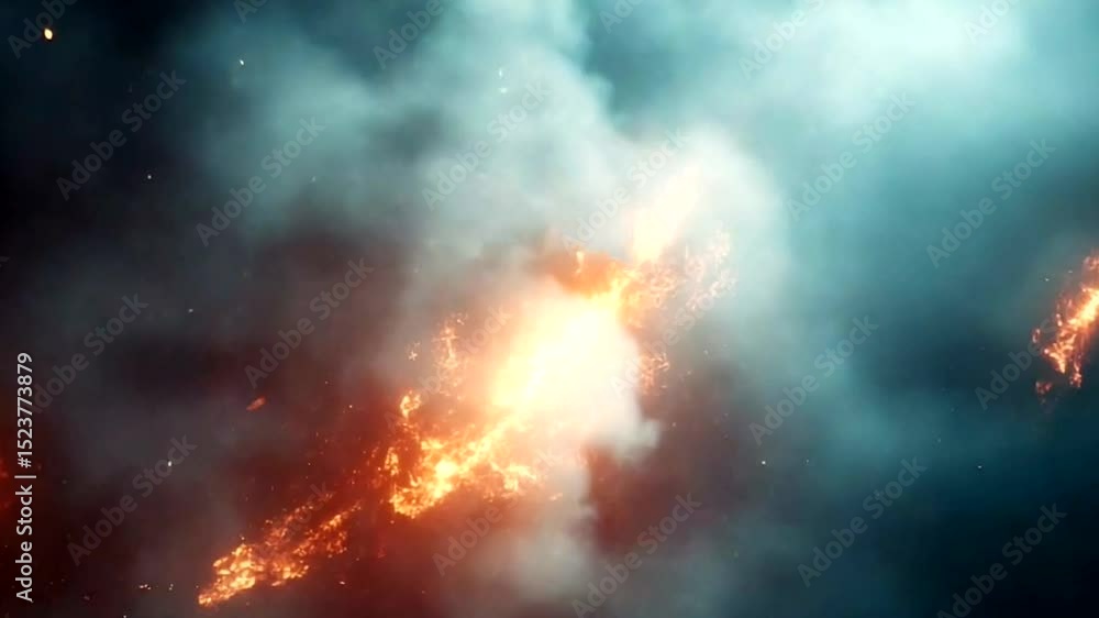 A fiery object is seen in the sky, surrounded by a cloud of smoke A fiery object is seen in the sky, surrounded by a cloud of smoke
