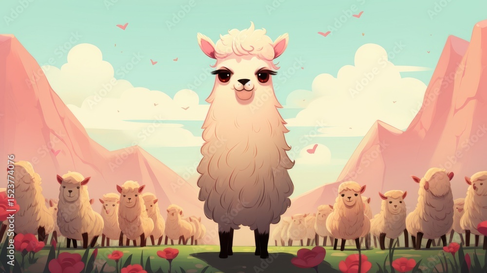 Fototapeta premium A sweet llama cartoon. 