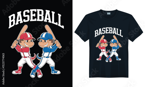 Playful baseball cartoon illustration on kids' t-shirt design featuring red and blue team players