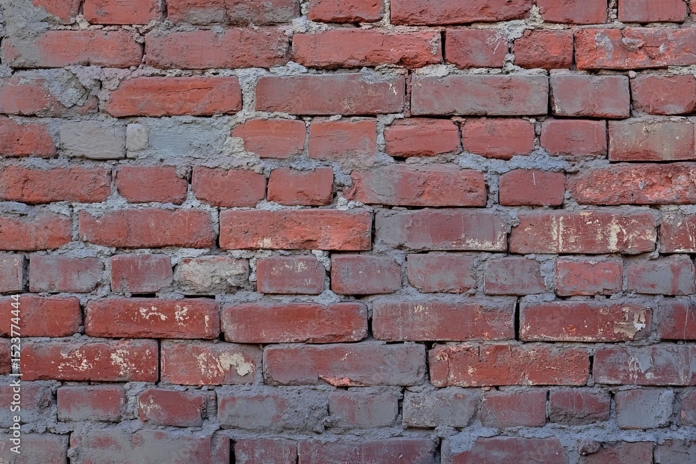Fototapeta premium Old red brick wall texture with weathered surface and rough cement joints for construction and background use
