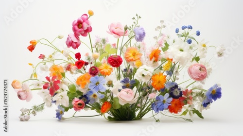 Bright spring flowers stand out on a white background. The picture looks like an old-fashioned painting.

