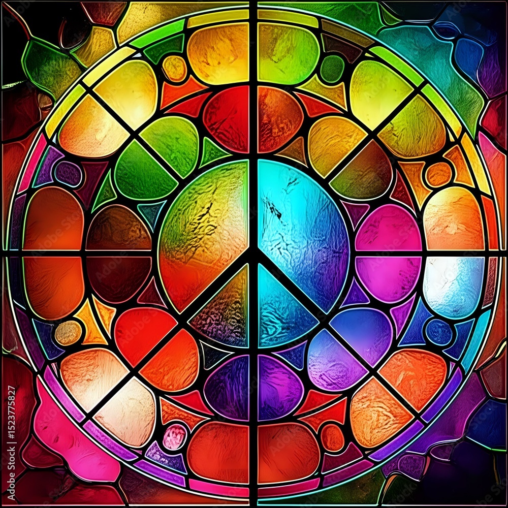Fototapeta premium Vibrant Peace Symbol in a Colorful Stained Glass Mandala