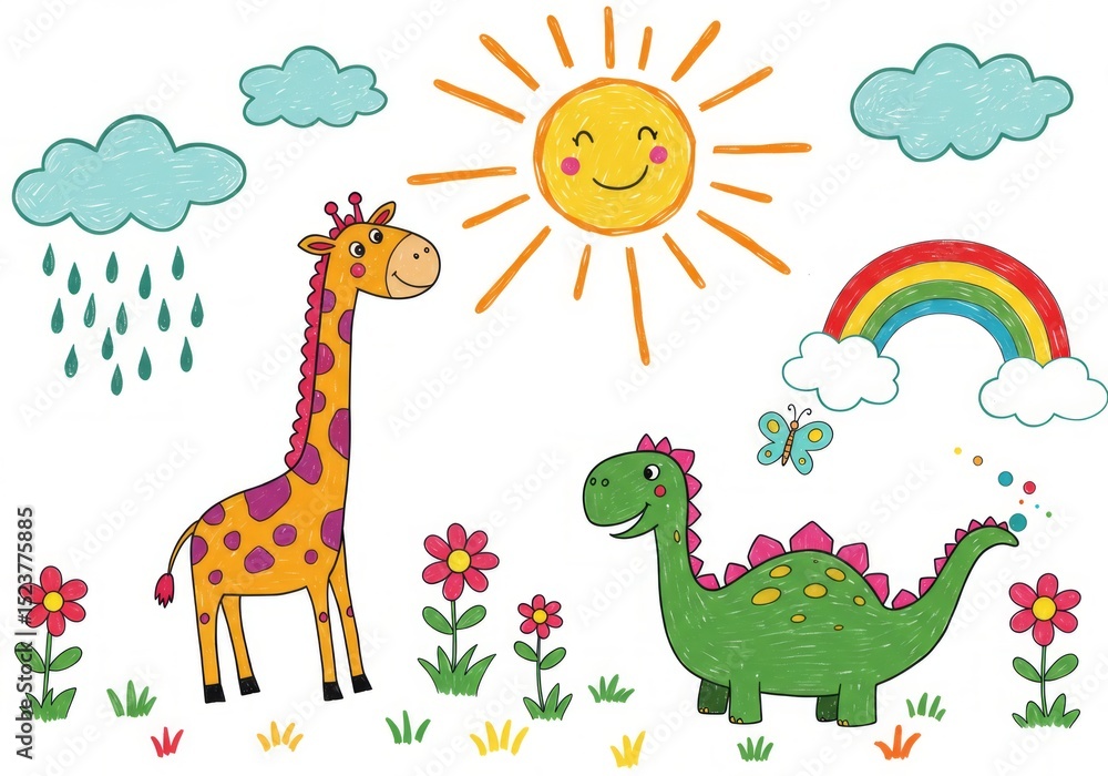 Kid-drawn giraffe and fun icons Kid-drawn giraffe and fun icons
