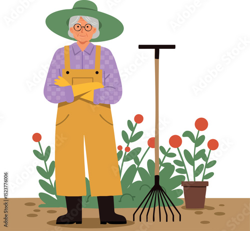 Elderly woman gardener with rake and flowering plants in garden vector illustration 
