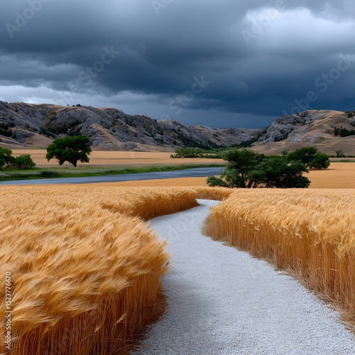 Wheat field path, river, dramatic sky