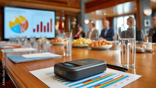 Wallpaper Mural Conference Room Technology: A sleek, modern digital recorder sits on a conference table, amidst papers, glasses of water, and a partially visible presentation on a large screen. Torontodigital.ca