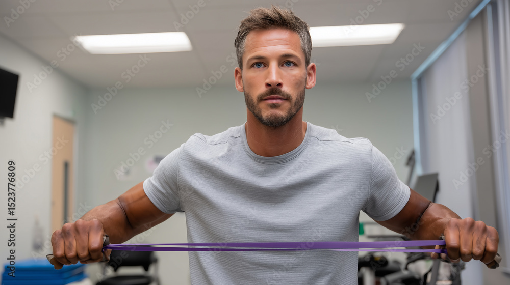 Fototapeta premium Middle-Aged Man Using Resistance Bands During Rehabilitation Session