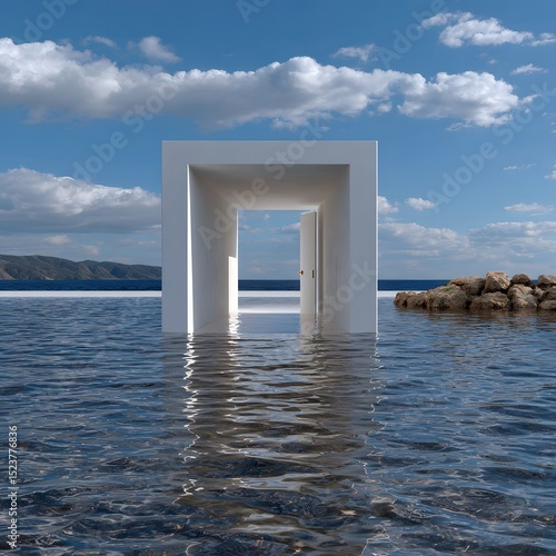 White architectural structure, a doorway into water, sunny sky