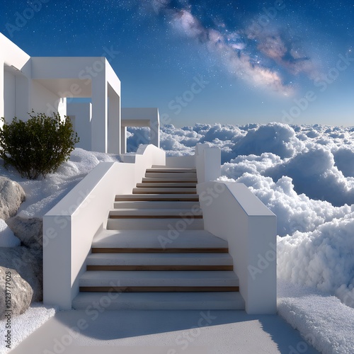 White architectural structures on a cloud-filled skyway, stairs leading upward